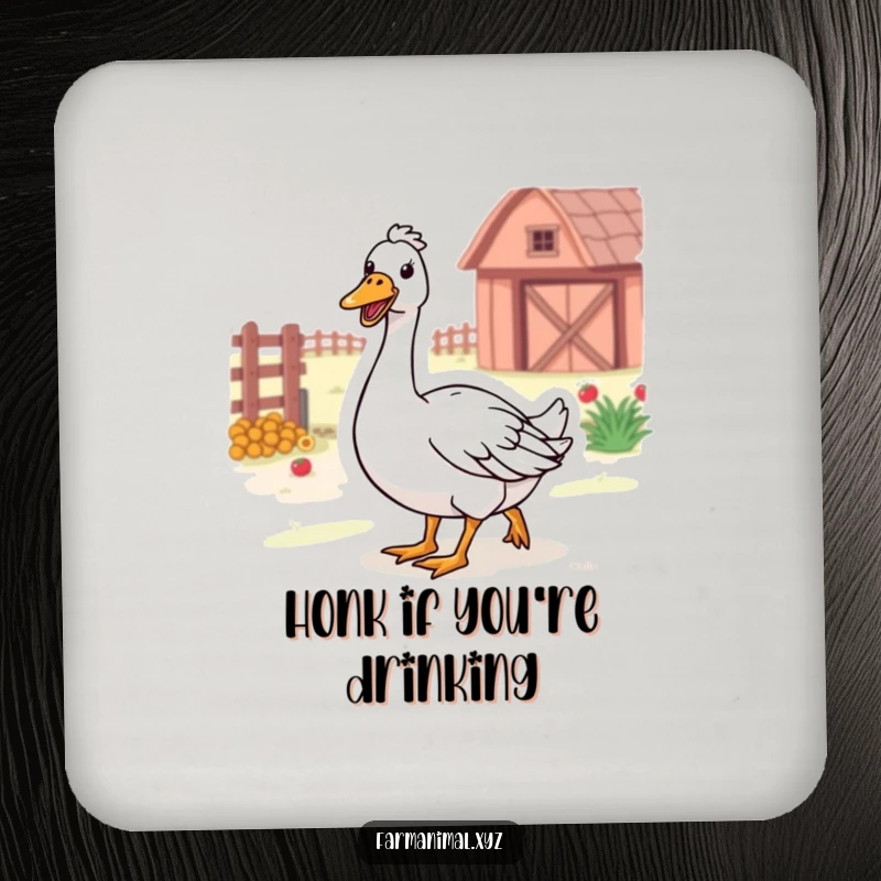 Funny Farm Goose Coaster featuring a happy goose honking while waddling through the farm, protecting surfaces humorously.