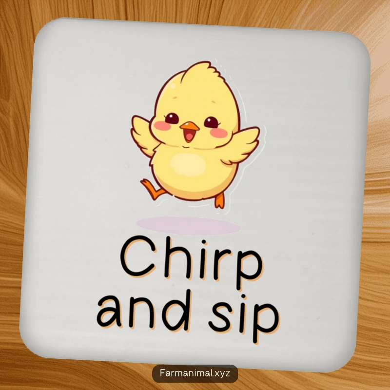 Funny chick drink coasters featuring a fluffy chick hopping excitedly, perfect for protecting surfaces with charm.