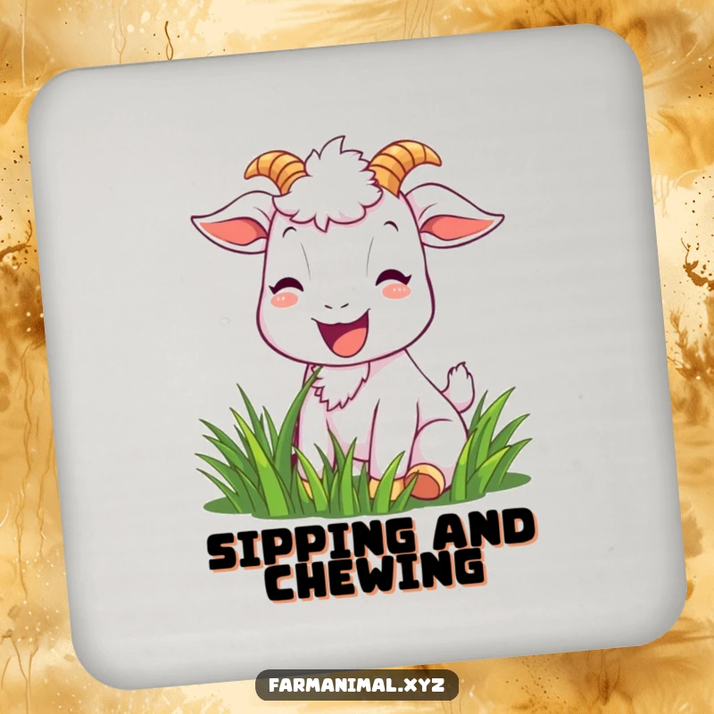 Funny goat drink coaster with a joyful goat character happily munching grass with a bright smile, adding charm and surface protection.