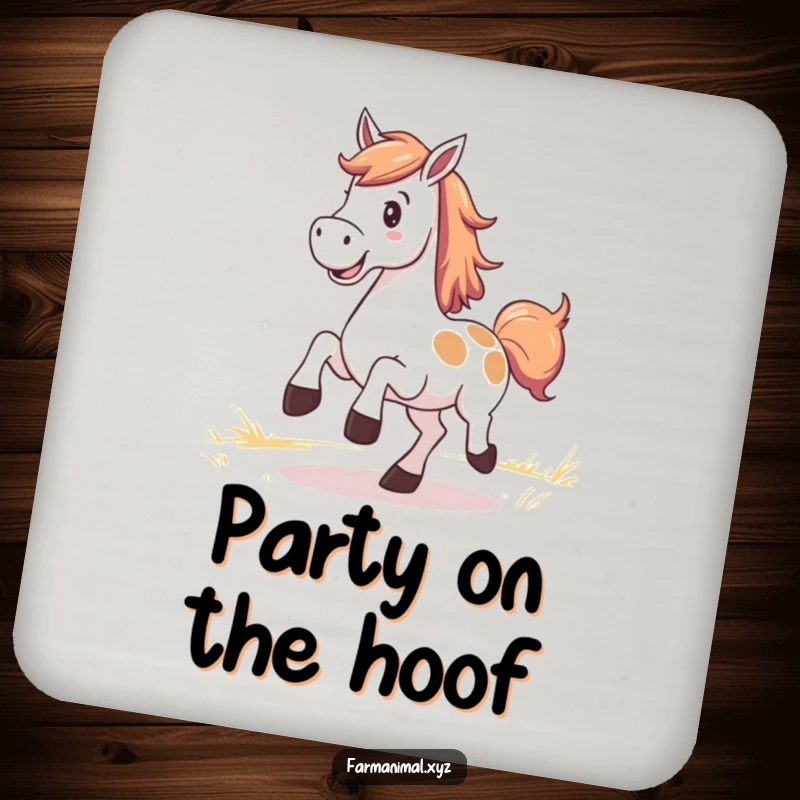 Funny Horse Coaster featuring a smiling horse kicking up its heels in a pasture, adding cheer humorously.