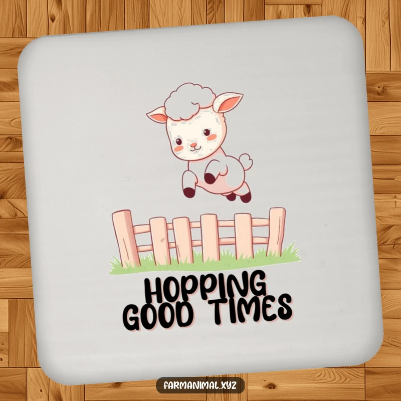 Funny Lamb Coaster depicting a lively lamb in mid-leap over a fence, protecting furniture with adorable, playful charm.