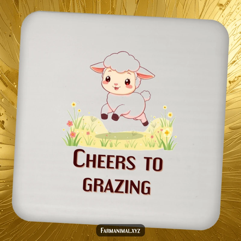 Funny lamb drink coasters featuring a playful character skipping through a meadow, protecting surfaces with adorable and humorous meadow charm.