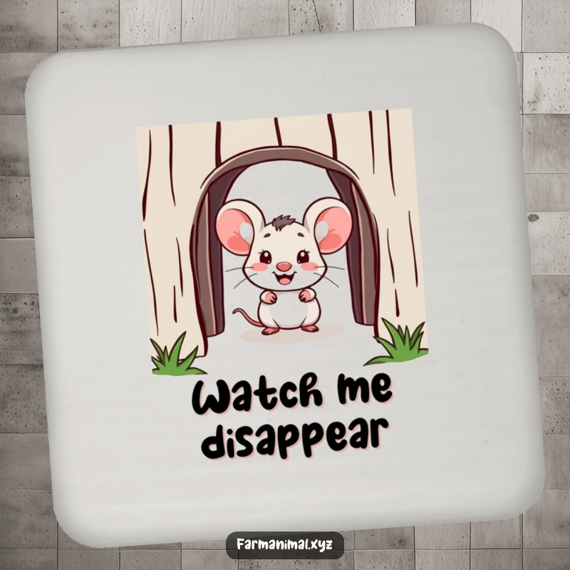 Funny mouse drink coaster, a cute mouse peeking from a barn doorway, protecting surfaces with humor, decorative and functional.