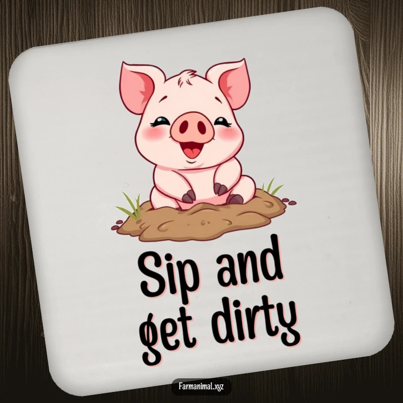 Funny cheerful piglet happily rolling in mud on a drink coaster, adding humorous farm animal charm to any table.