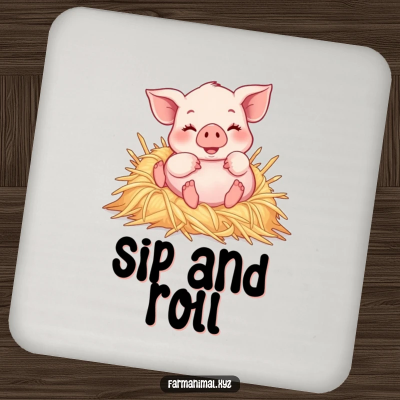 Funny piglet joyfully rolling in a pile of soft straw, a set of humorous drink coasters for table protection.