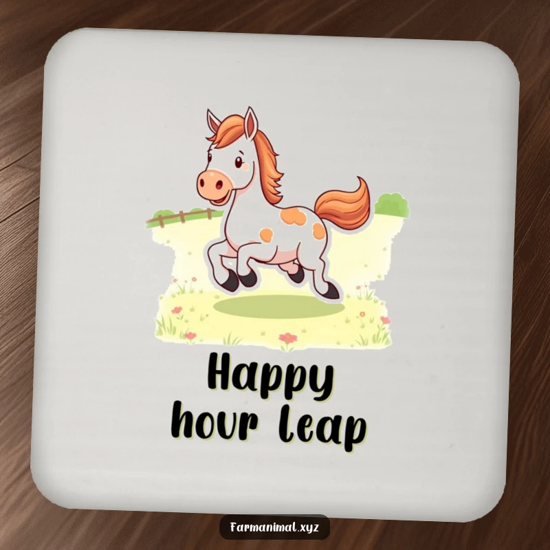 Funny happy horse character kicking its heels in a pasture, a protective drink coaster for furniture. Adds joy.