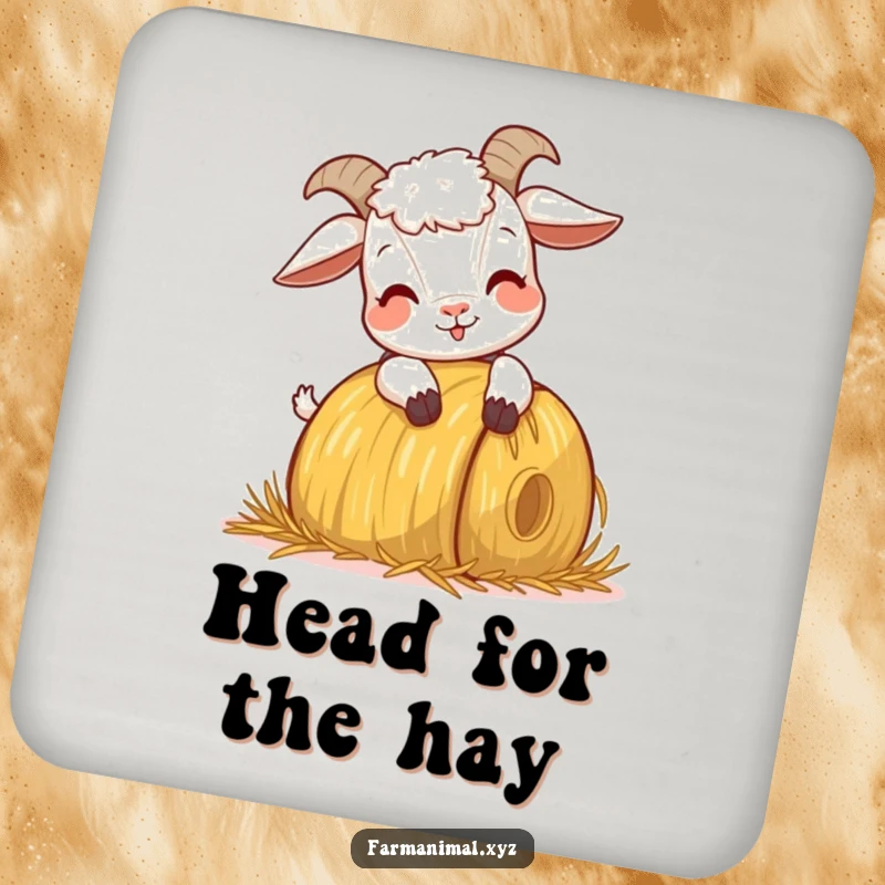 Funny Goat Headbutting Coaster, illustrating a goat's playful headbutt on a hay bale, bringing a touch of farmyard fun to your tabletop.