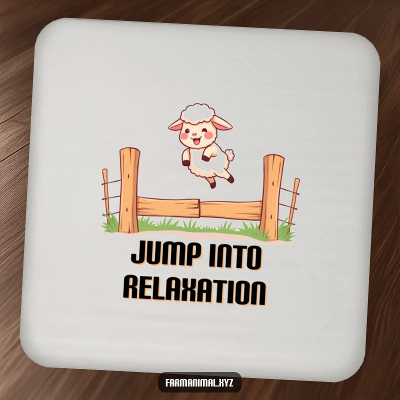 Funny drink coaster featuring a giggling sheep jumping over a fence, adding whimsical charm.