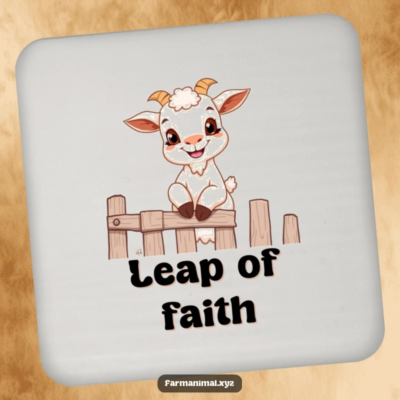 Funny goat drink coaster featuring a small goat with a mischievous grin attempting to climb a fence.