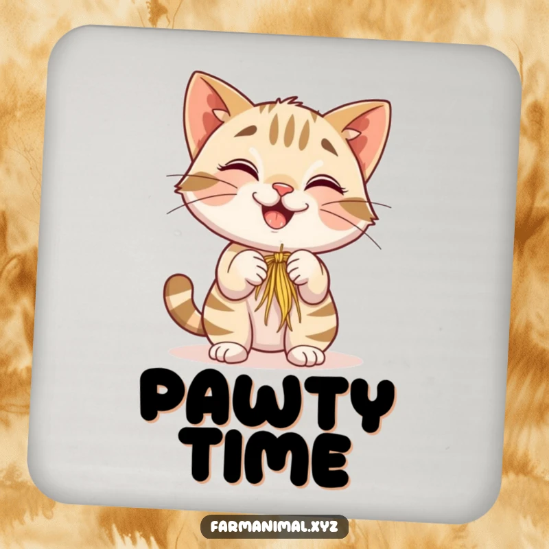 Funny Barn Cat Coaster with a smiling cat playfully batting at hay, providing protection with a humorous feline design.