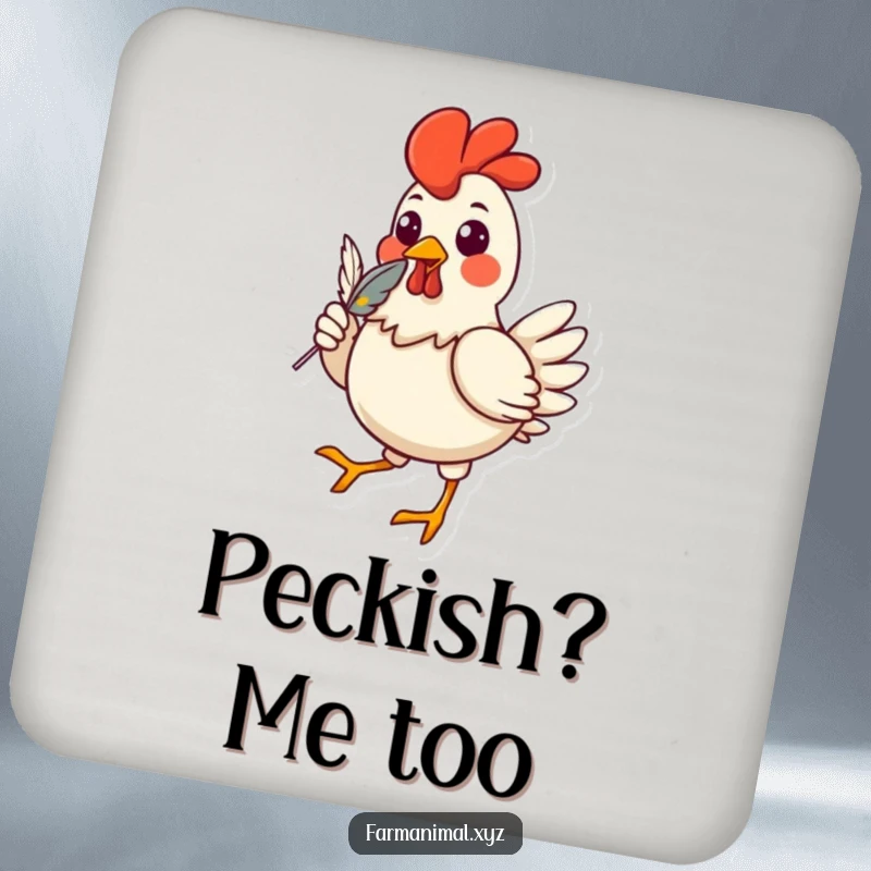 Funny chicken drink coasters featuring a cheerful strutting character with a feather in its beak, protecting surfaces with humorous farmyard flair.