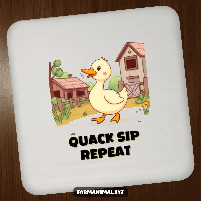 Funny duck waddling on decorative coasters, adding farm charm and humor to any table setting.