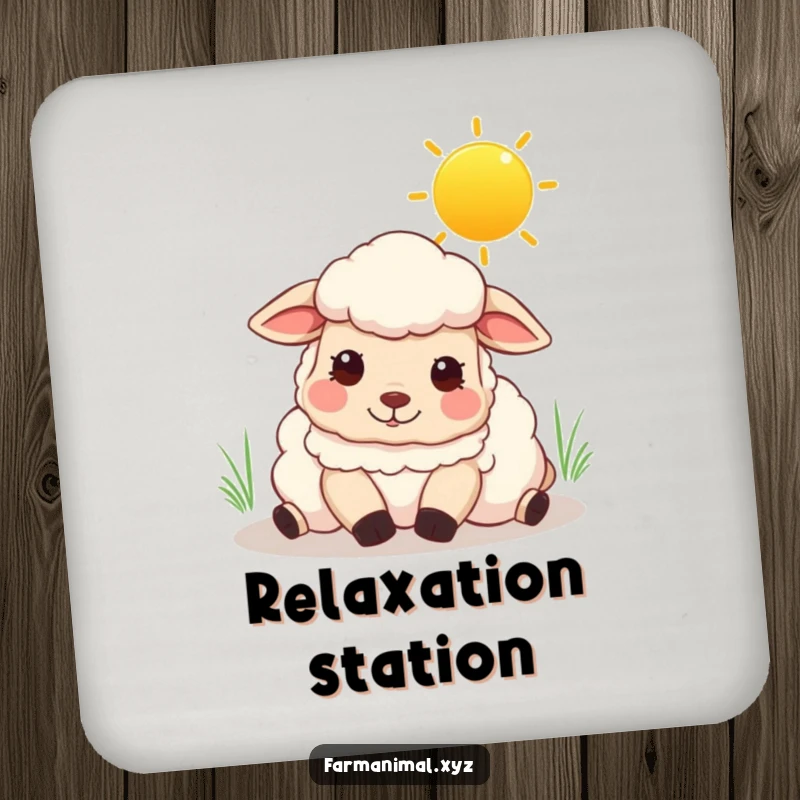 Funny sheep drink coasters featuring a content sheep resting under a sunny sky, perfect for protecting surfaces.
