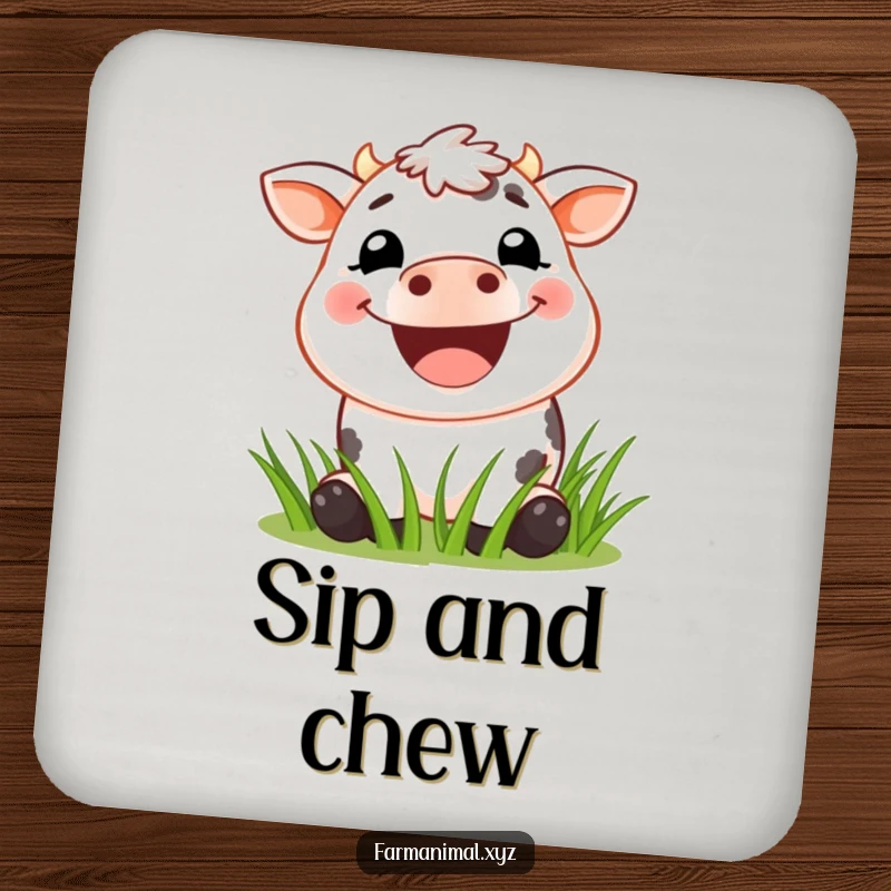 Funny Cow Coaster featuring a charming cow with a broad grin, contentedly munching on green grass, protecting furniture with style.