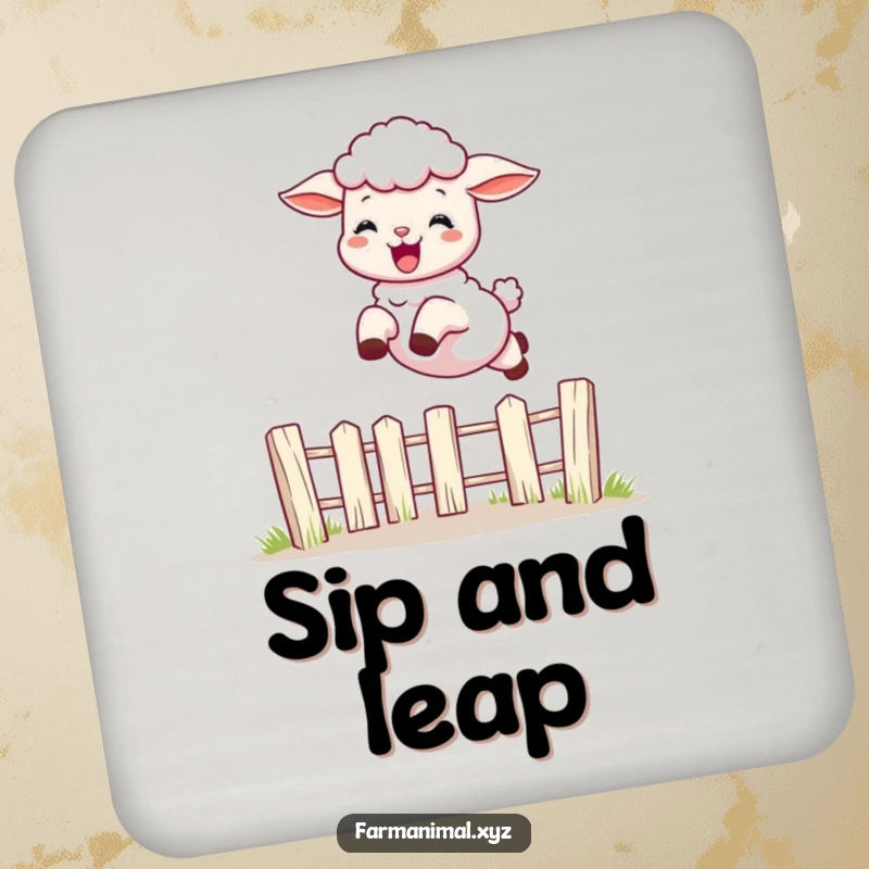 Funny playful lamb leaping over a fence on a drink coaster, adding humorous farm animal charm to any tabletop.