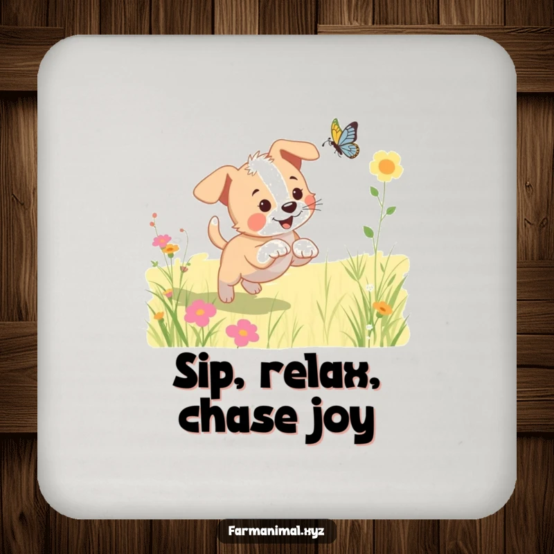 Funny puppy drink coaster featuring a playful dog chasing a butterfly in a sunny meadow, adding charm and protection.