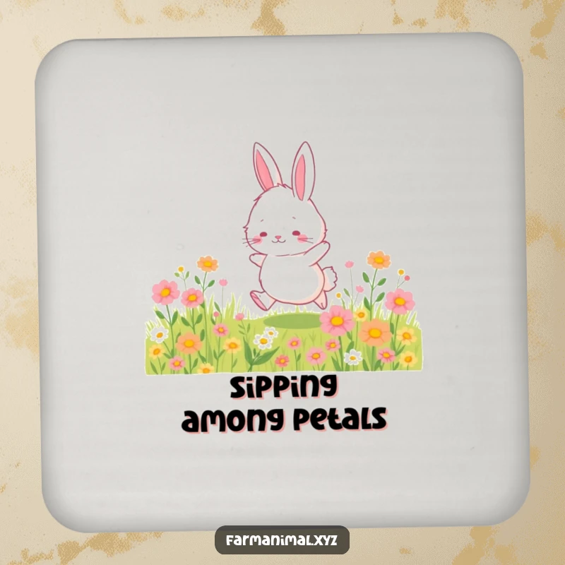 Funny bunny drink coaster with a fluffy bunny character hopping through a wildflower field, adding charm and surface protection.