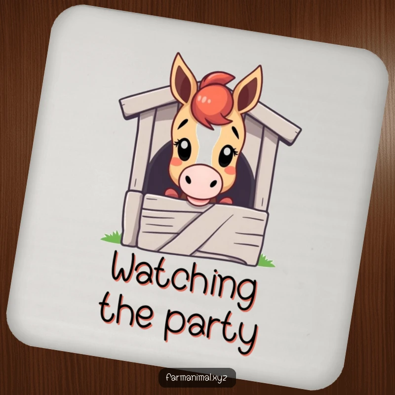 Funny horse drink coaster with a curious horse character peeking over a stable door, adding charm and protecting surfaces.