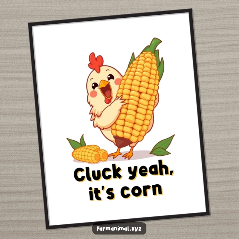 Funny poster art of a cheerful chicken pecking at a giant corn cob, bringing farmyard fun to walls.