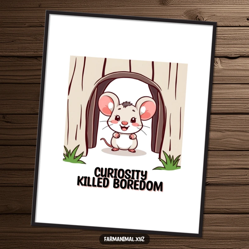Funny mouse poster, a cheerful mouse peeking from a rustic barn doorway, adding humor and charm to wall art, great gift.