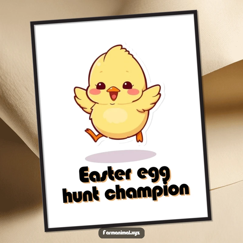 Funny chick poster showcasing a fluffy chick hopping with excitement, adding a cheerful touch to decor.