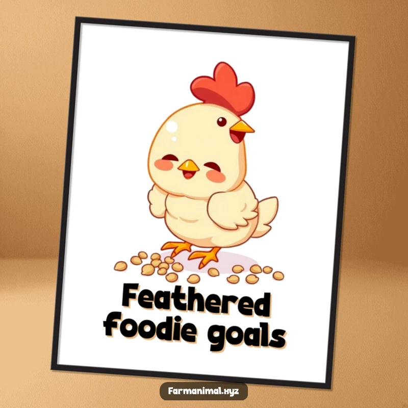 Funny chicken poster, focused intently on pecking seeds, vibrant and full of life, a charming piece of farm-themed wall art.