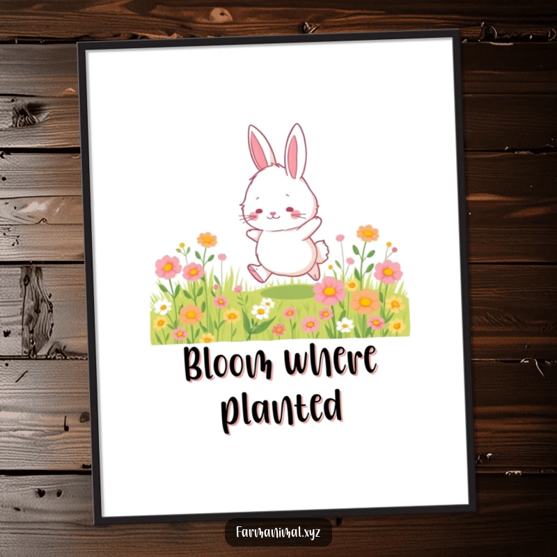 Funny bunny poster displaying a fluffy bunny character hopping through a beautiful field of wildflowers, evoking a sense of spring delight.