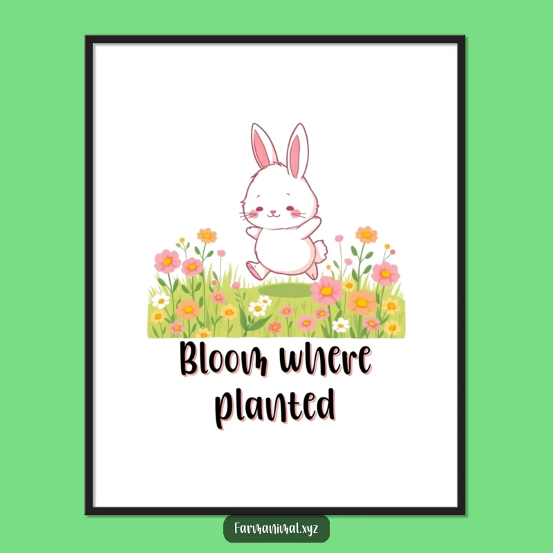 Funny Bunny Poster - Fluffy Bunny Hopping Wildflowers, Wall Art Gift!