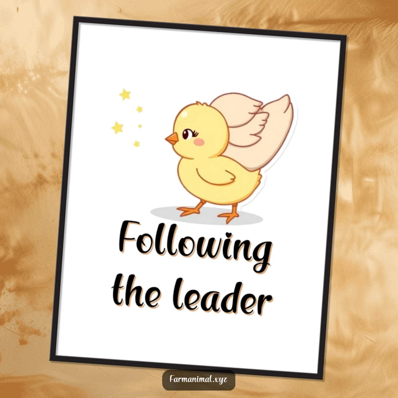 Funny chick adorably following its mother on a poster, a heartwarming and humorous piece of wall art.