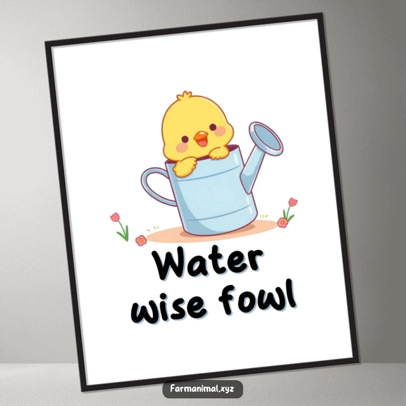 Funny chick pecking playfully at a giant watering can, a delightful and humorous poster for home decor.