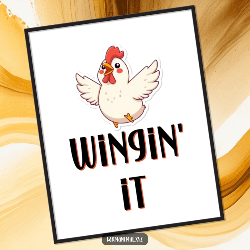 Funny Chicken Poster: An excited chicken flaps its wings with pure joy, creating a dynamic and cheerful farm scene.
