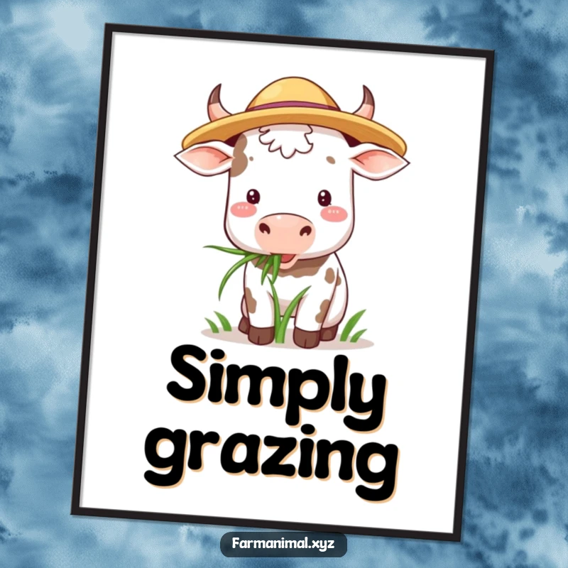 Funny Cow Poster: A cow wearing a straw hat happily chews grass, creating a peaceful and charming farm scene.