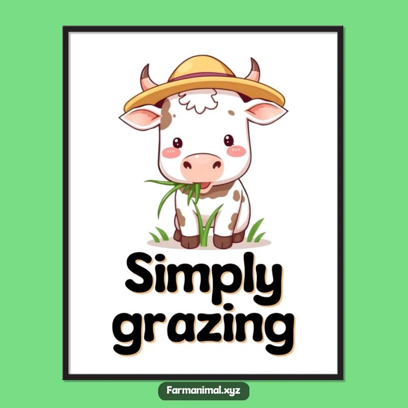 Funny Cow Hat Poster: Happy Grazing Bovine Straw Hat Wall Art Gift
