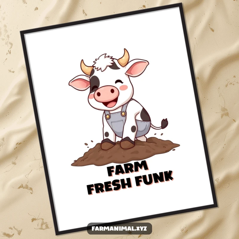 Funny cow wearing overalls happily stomping in mud, a humorous and charming poster for wall decor.