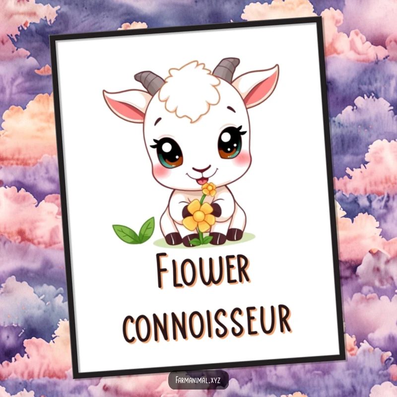 Funny goat poster showcasing a curious goat with wide eyes, intently nibbling on a single flower.