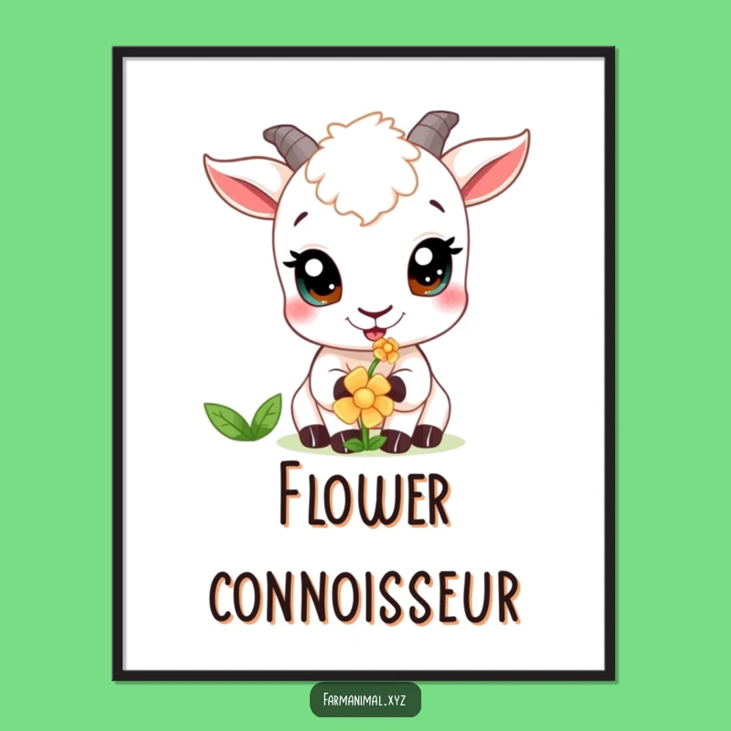 Funny Curious Goat Poster: Flower Nibbler Wide Eyes, Whimsical Funny Gift Wall Art