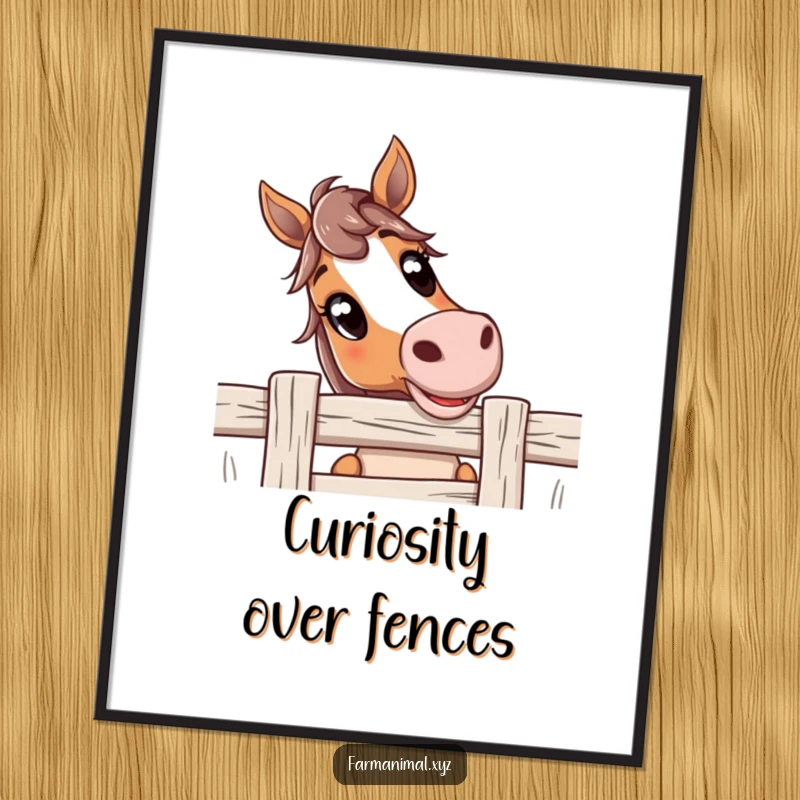 Funny Horse Poster featuring a curious horse with exceptionally wide, friendly eyes looking over a fence, creating a humorous and heartwarming scene.