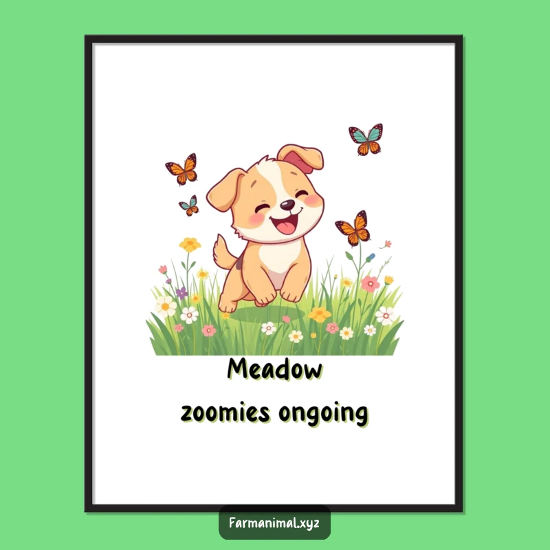 Funny Dog Butterfly Chase Poster, Happy Meadow Art, Whimsical Funny Gift
