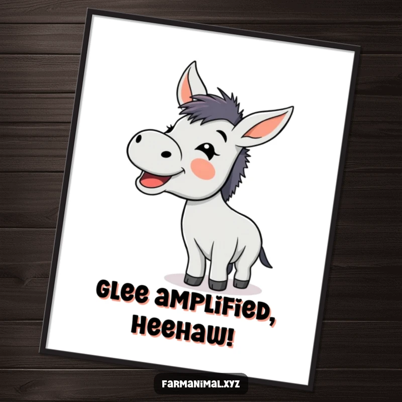 Funny donkey braying with glee on a poster, a humorous and vibrant piece of wall art.