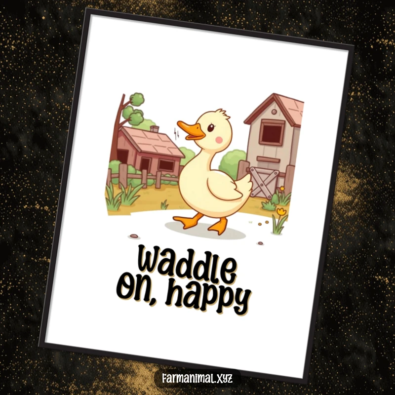 Funny duck waddling happily across a picturesque farmyard, bringing a smile and humor to this vibrant wall art.