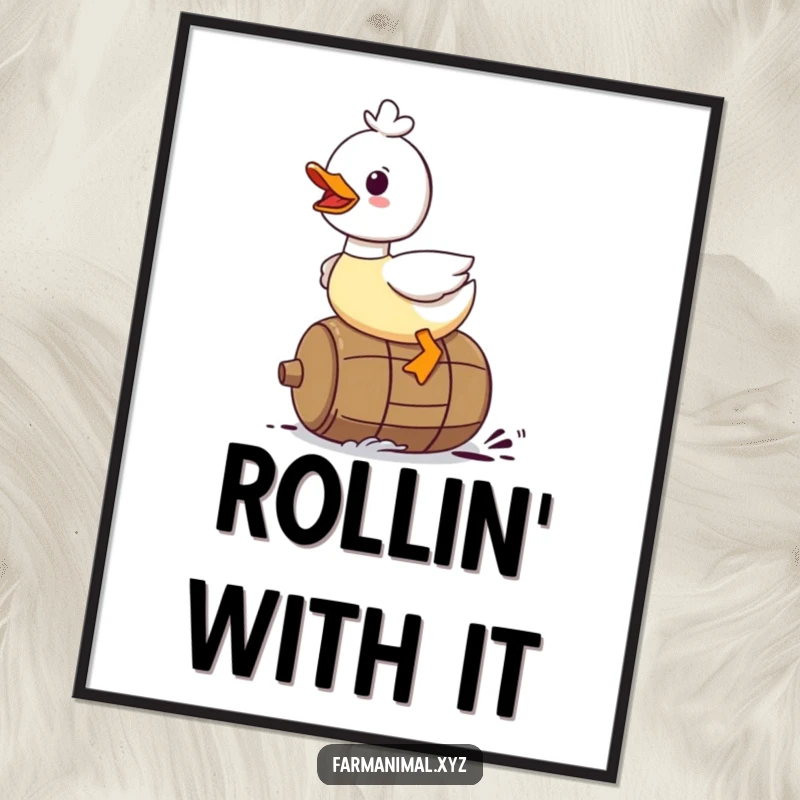 Funny Duck Poster: A duck character gleefully riding on a rolling barrel, creating a scene of pure joy.