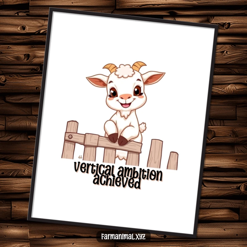 Funny goat poster artwork showing a small goat with a mischievous grin attempting to climb a fence.