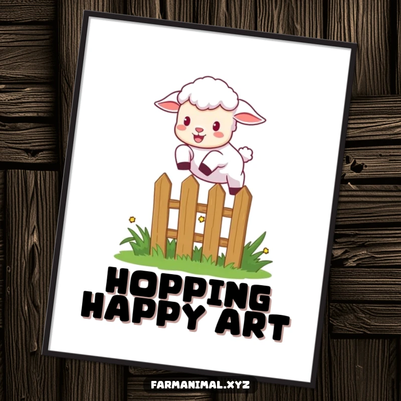 Funny lamb leaping over a small garden fence with excitement, a humorous and dynamic poster for wall decor.