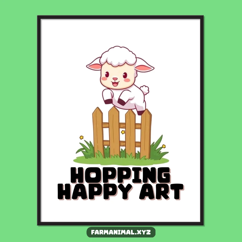 Funny Lamb Leaping Fence Poster - Joyful Farm Art