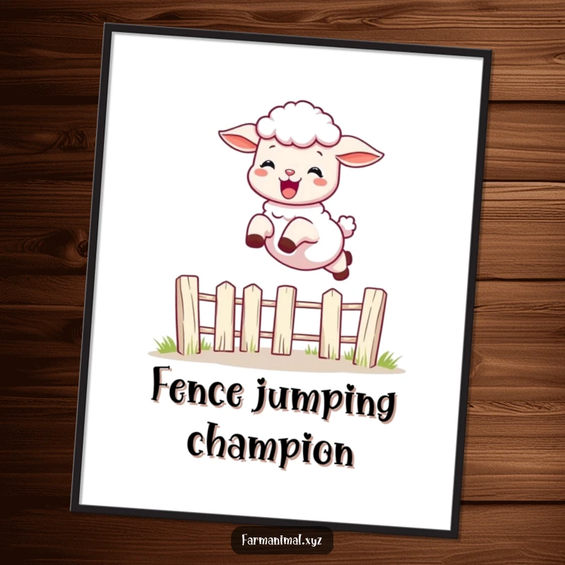 Funny playful lamb captured mid-leap over a fence, on a poster, radiating humorous and energetic farm animal joy.