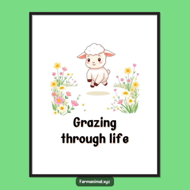 Funny Lamb Meadow Skip Poster: Vibrant Playful Art Print, Ideal Gift for Dreamers