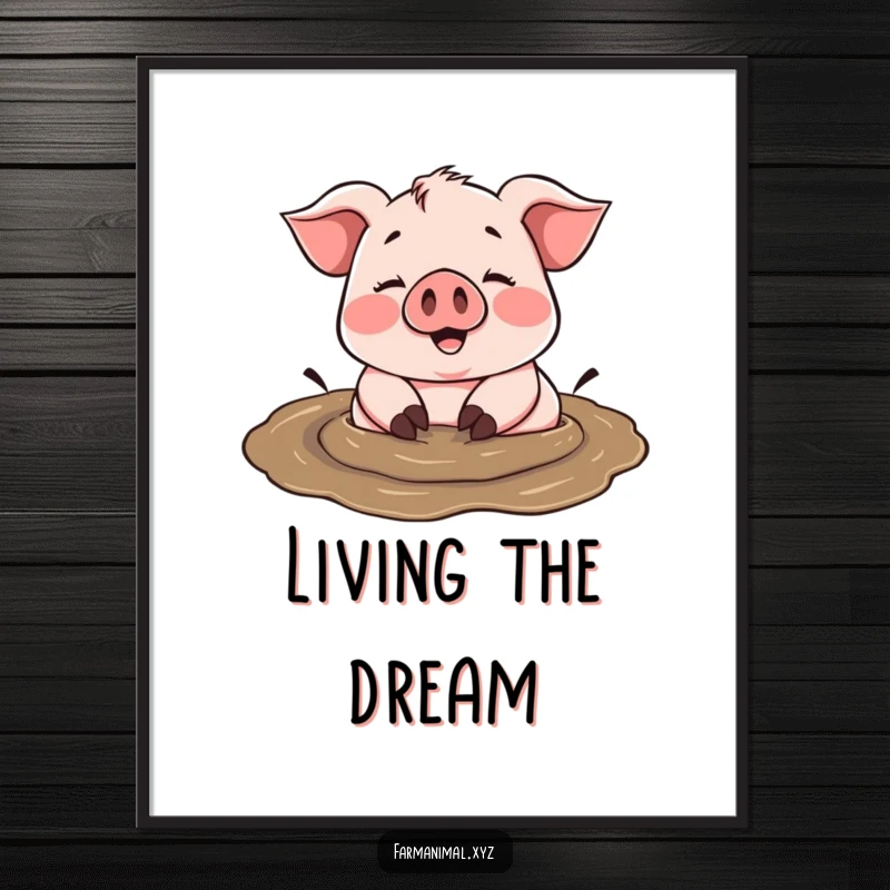 Funny cheerful pig happily rolling in a mud puddle, a scene of unbridled joy on a poster.
