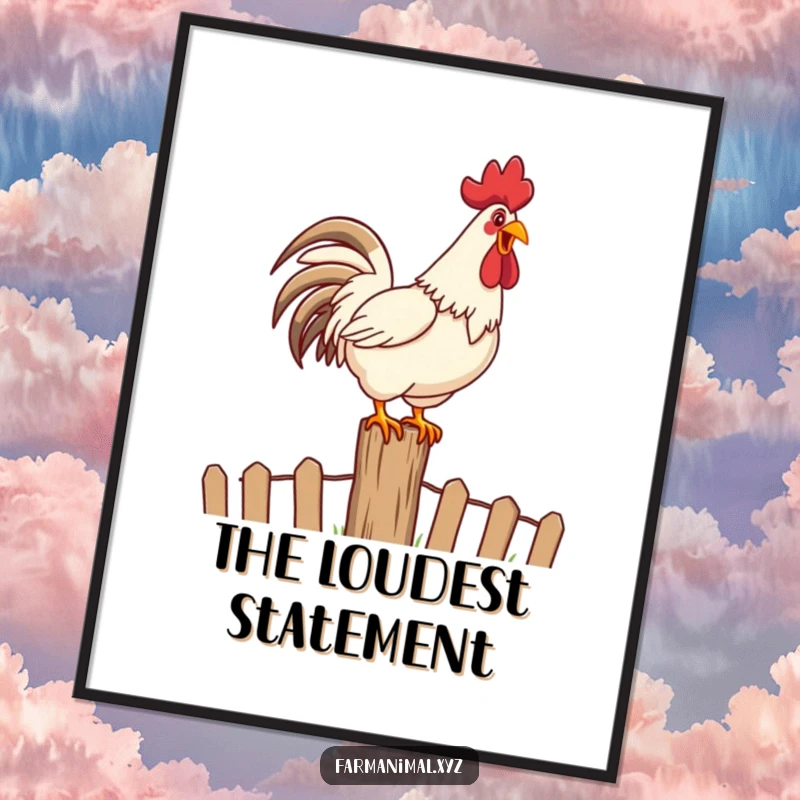 Funny Rooster Crowing Poster featuring a happy rooster loudly crowing on top of a fence post, full of life.
