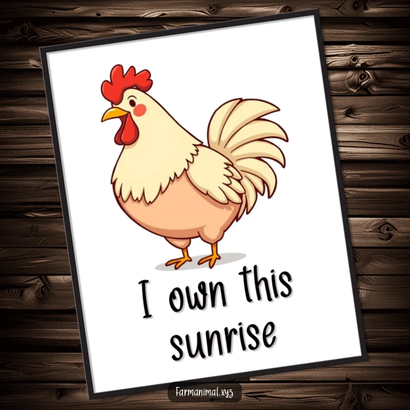 Funny rooster poster capturing a proud rooster loudly crowing with its chest puffed out, full of morning spirit and farmyard amusement.
