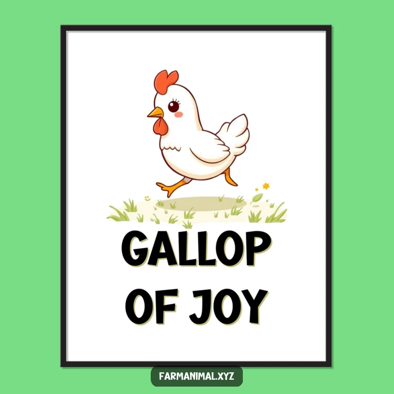 Funny Kawaii Chicken Galloping Poster: Hilarious Farm Art for a Cheerful Room